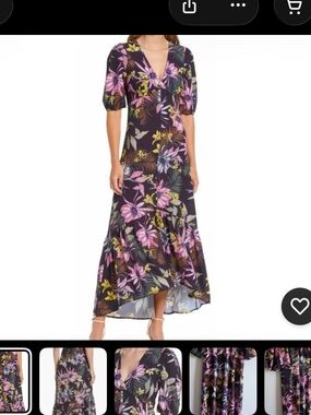 Black Floral V-Neck Midi Dress with Puff Sleeves